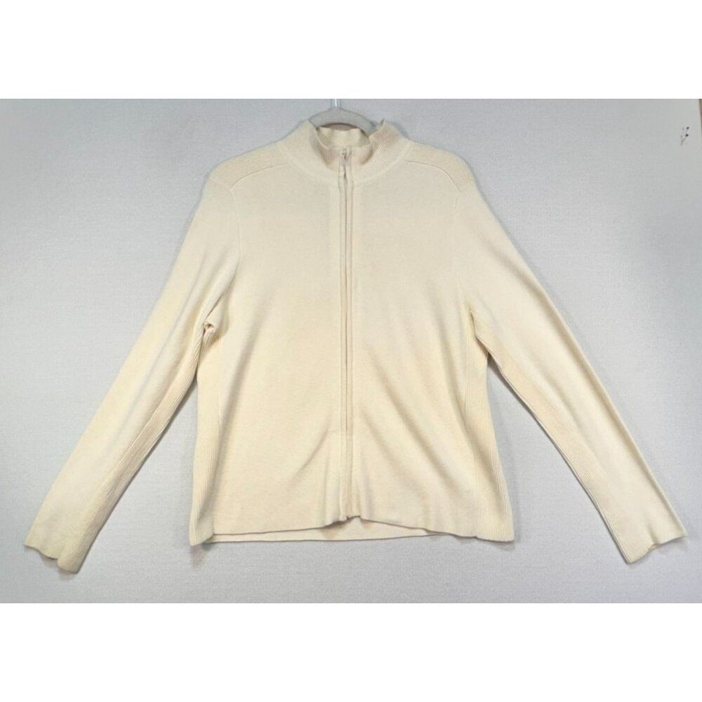 Eddie Bauer Women's Full-Zip Sweater Jacket Size L Cream  Ribbed Collar Cotton
